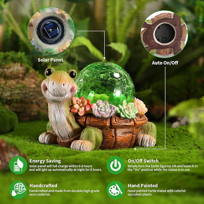 Solar Turtle Garden Statue Lights for Outdoor Decor with Succulent and LED Lighting - Lawn Decoration Resin Tortoise Figurine for Patio Yard Balcony Ornament - Valentine Day Gifts for Mom Grandma