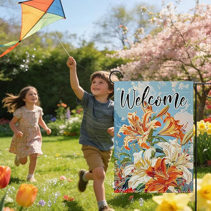 Welcome Spring Summer Lily Flower Decorative Garden Flag, Floral Botanical Small Yard Outside Decorations, Seasonal Burlap Outdoor Home Decor Double Sided 12 x 18
