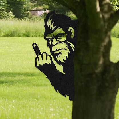 Black Middle Finger Bigfoot Peeping Animal Metal Sign, Bigfoot Yard Decor Outdoor Metal Wall Art, Sasquatch Fence Art Peeking Middle Finger Animal Sign for Garden Patio Tree and House