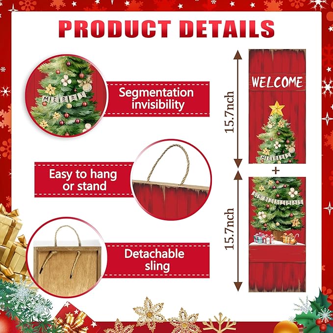 PEROUU Merry Christmas Porch Sign for Front Door, Xmas Wooden Welcome Sign with Christmas Tree for Front Porch Decorations, Winter Garden Decor Outdoor Hanging Signs Wall Sign 31.5" H