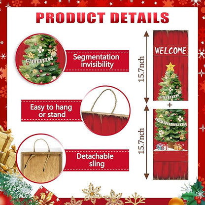 PEROUU Merry Christmas Porch Sign for Front Door, Xmas Wooden Welcome Sign with Christmas Tree for Front Porch Decorations, Winter Garden Decor Outdoor Hanging Signs Wall Sign 31.5" H