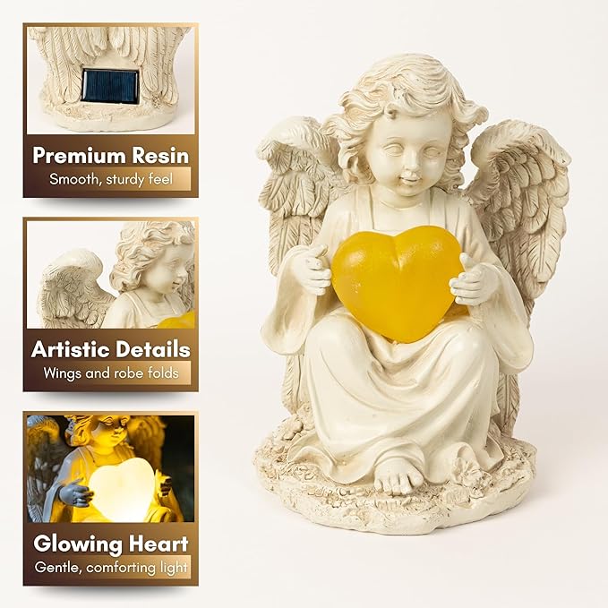 TIALLY Solar Garden Angel Statue – Praying Guardian Angel Statue Light for Outdoor Yard Decor, White Resin Garden Sculpture with Soft Glow for Angels Memorial or Cemetery Use