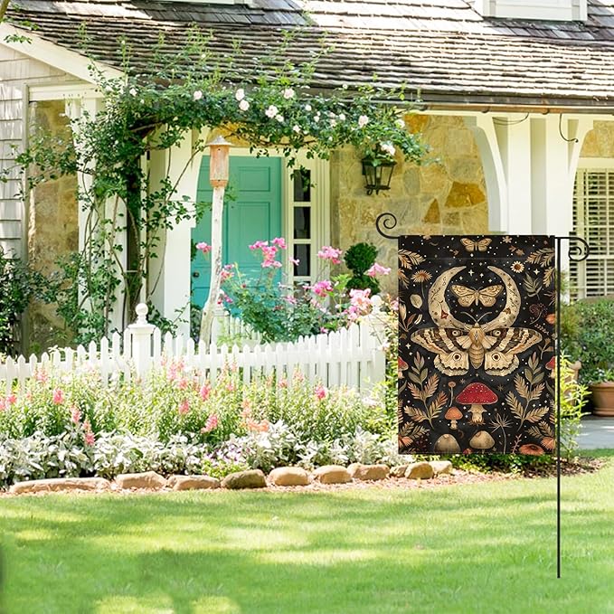 AVOIN colorlife Forest Garden Flag 12x18 Inch Double Sided Outside, Mushroom Moon and Moth Yard Outdoor Flag R034