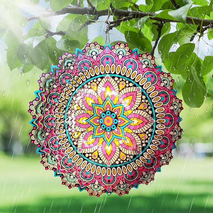 Goolyrusim Wind Spinner Mandala Blossom 3D Kinetic Wind Spinners Outdoor Laser Cut Stainless Steel Metal Art Hanging Wind Sculpture Mandala Garden Decoration Yard Art Decor Ornament Housewarming GIF