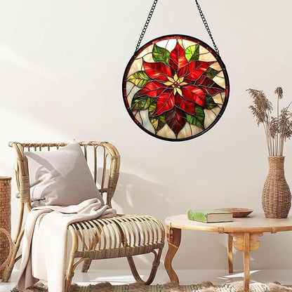 Stained Glass Window Hanging - Red Poinsettia Birth Flowers Suncatcher for Door Garden Yard Sun Catchers Decor Christmas Mother's Day Birthday Gifts for Women Mom Nana Teacher Friend 9.8 in