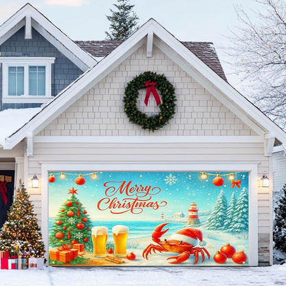 HOMETITUTE Christmas Garage Door Banner 13x6ft Coastal Crab Santa Holiday Decorations Red Lettering Snow Ocean Tree Beer Ornaments for Outdoor Xmas Party House Wall Yard Display