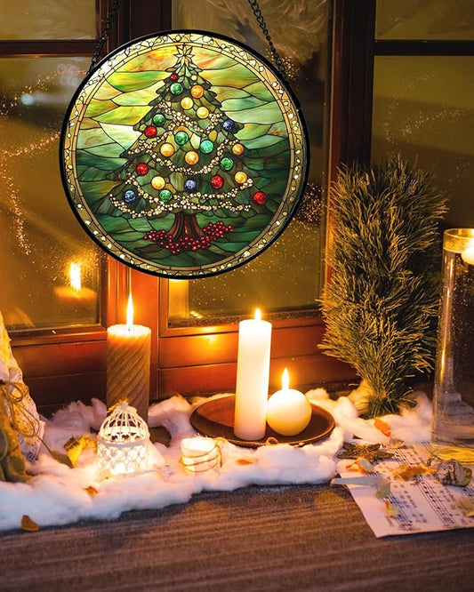 DASTOLL Stained Glass Window Hanging - Green Christmas Tree Gold Ribbon Suncatcher for Doors Home Christmas Decoration Sun Catcher Thanksgiving New Year Birthday Gifts for Women Men Mom Nana 11.8 in