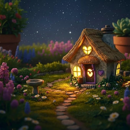 PRETMANNS Fairy House for Outside with Solar Powered LED Lights for Garden - Fairy Garden Houses for Outdoor - Miniature Accessories for Cottage Decor for Village - 7.56” High, Lavender