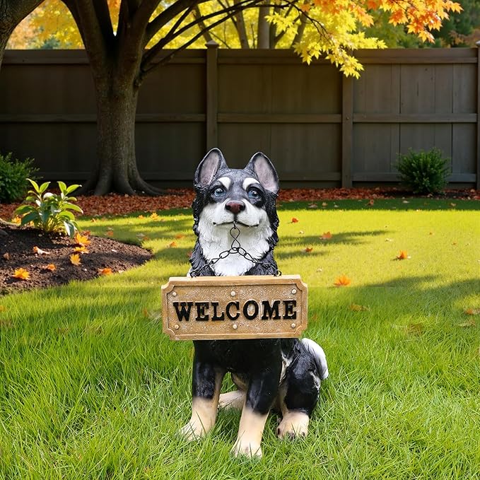 Outdoor Husky Dog Statue with Interchangeable Welcome Sign and Detachable Solar Lantern –LED Light Garden Dog Sculpture Décor Garden Statue Outdoor Dog Statue Cute Puppy for Yard Porch Gift