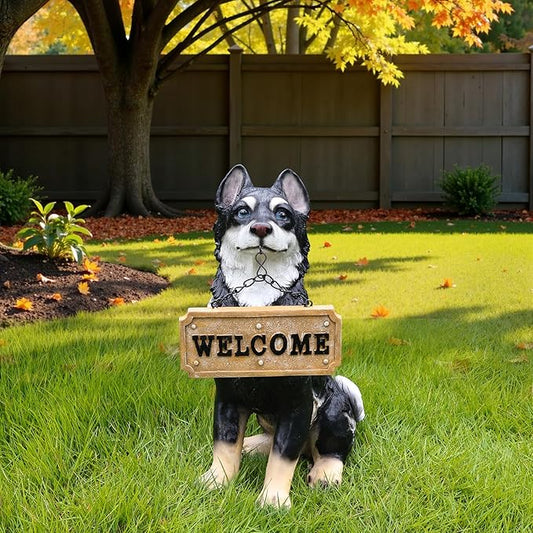 Outdoor Husky Dog Statue with Interchangeable Welcome Sign and Detachable Solar Lantern –LED Light Garden Dog Sculpture Décor Garden Statue Outdoor Dog Statue Cute Puppy for Yard Porch Gift
