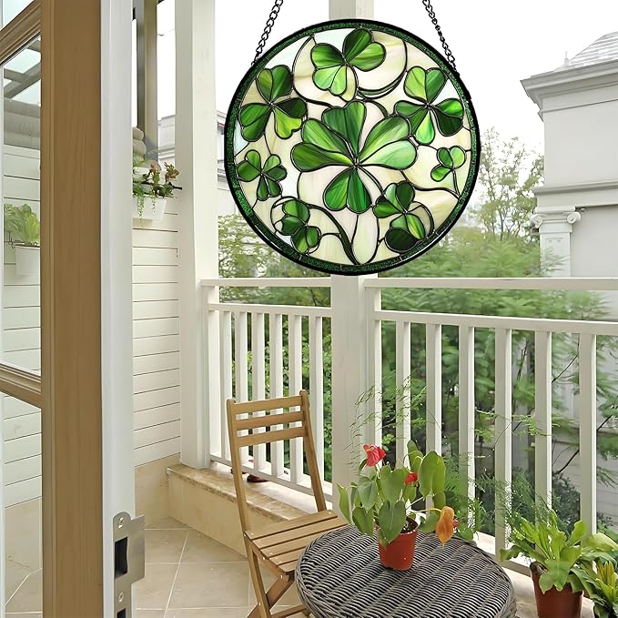 Stained Glass Window Hanging - Ireland Green Lucky Clover Suncatcher for Doors Garden St. Patrick's Day Sun Catchers Decor Mother's Day Birthday for Women Men Mom Nana 11.8 in