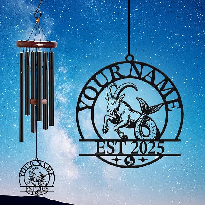 Personalized Customize Name 12 Zodiac Signs Wind Chime, Metal Iron 37 Inch Outdoor Memorial Gift for Garden Yard Patio Home Decor, Black (Capricorn)