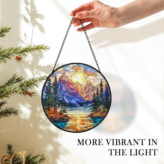 Mountain Forest Sunrise Suncatcher Stained Glass Window Hanging Decor, Camping Nature Landscape Stained Glass Wall Decor, Mountain Garden Sun Catchers Indoor Window Hanging Wall Art, 7.9x7.9In