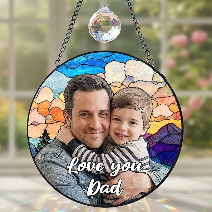 Personalized Stained Glass Windows Hanging, Dad Picture Suncatcher Ornament, Custom Photo Gift, Birthday Father Grandpa Gifts