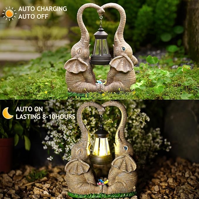 Elephant Statue Garden Decor with LED Solar Lights-Set of 2 Good Luck Elephant Outdoor Statue Elephant Gifts for Women Garden Statues for Yard Patio,Porch,Home for Women