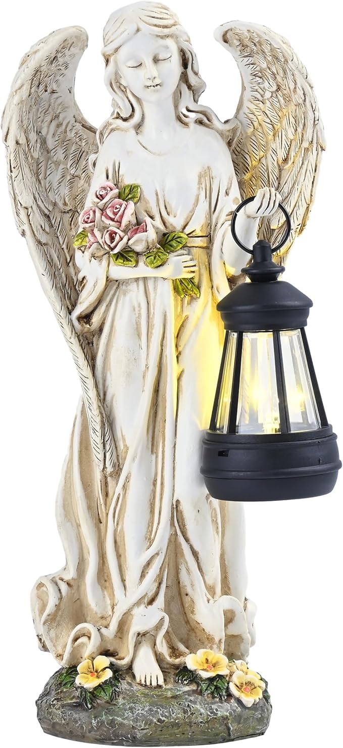 TERESA'S COLLECTIONS Angel Garden Statues with Warm Solar Light for Outdoor Decor, Resin Figurines Holding Solar Lantern for Outside, Lawn Ornament for Yard Patio Hallway, Gifts for Mom Women, 10"