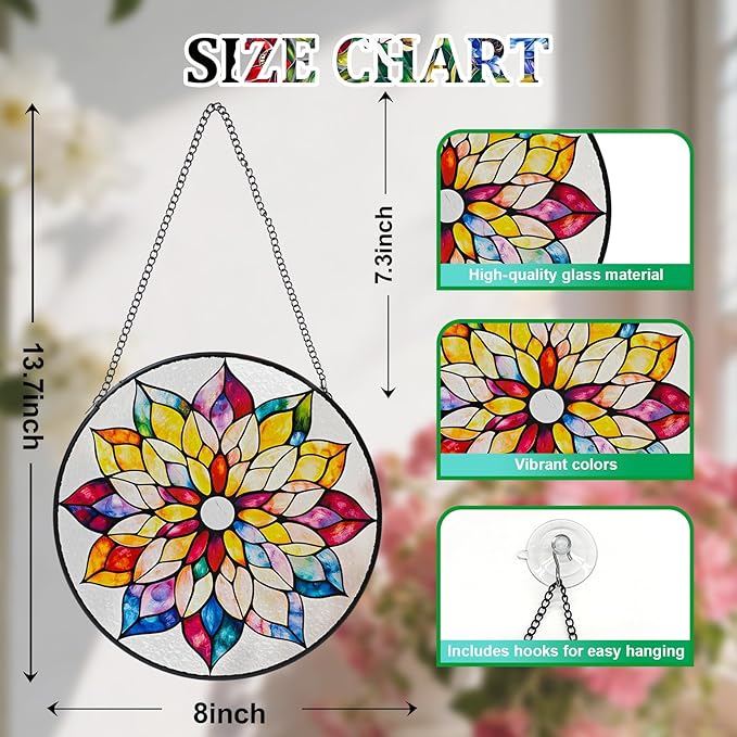 8'' Colorful Mandala Stained Glass Window Hanging, Suncatcher for Window Decor, Stained Glass Sun Catchers, Gifts for Women, Flower Lover, Christmas, Mother's Day, Birthdays