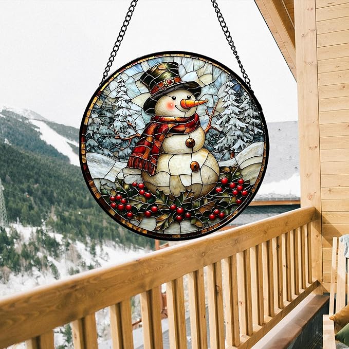 Stained Glass Window Hanging - Abstract Lake Landscape Suncatcher for Door Terrace Garden Home Decor Mountains Forests Sun Catcher Birthday Gifts for Lovers Women Men Dad Mom Nana 15 in