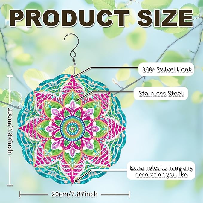Wind Spinners Outdoor, Hanging Wind Spinner for Garden Decoration, 8 inch 3D Stainless Steel Metal Wind Sculpture for Indoor/Outdoor Decor, Mandala A