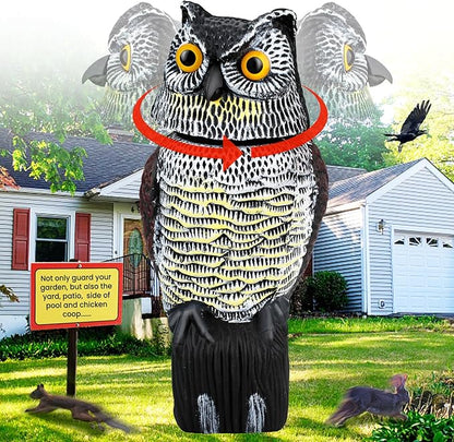 Fake Owl Decoys to Scare Birds Away, Waterproof 360° Rotating Head Hawks & Squirrel Deterrent, Garden Owl Decoy for Outdoor Yard Patio Pools