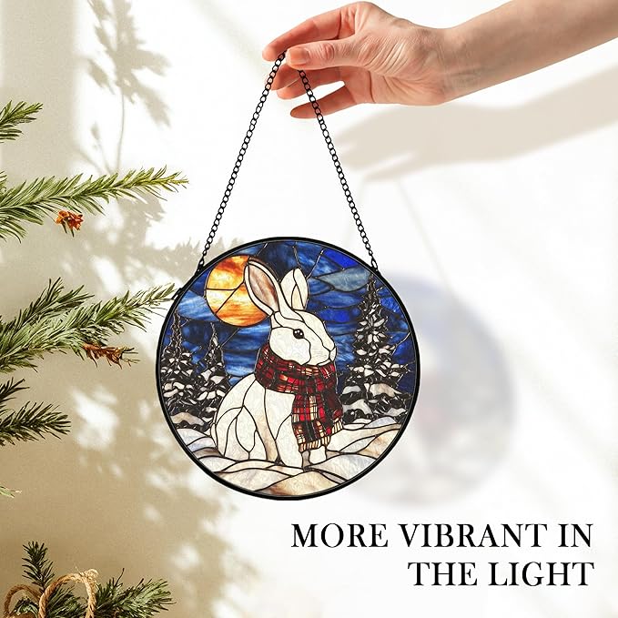 Winter Christmas Bunny Suncatcher Stained Glass Window Hanging Decorstions, Nature Landscape Stained Glass Wall Decor, Winter Solstice Gifts, Forest Garden Lawn Sun Catchers Art, 7.9x7.9Inch