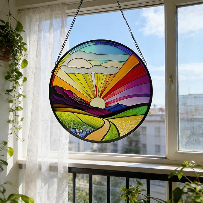 Stained Glass Window Hanging, 9.8 Inch Vibrant Sunrise Landscape Suncatcher Decor Colorful Pastoral Sun Catcher for Windows Home, Garden, Porch Decor