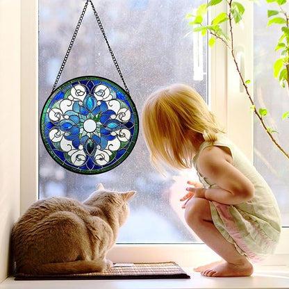 DASTOLL Stained Glass Window Hanging, Boho Style Sun Catchers Diamond Glass Panel Hangings Tiffany Suncatcher Decor for Birthday for Women, Men, Wife, Aunt, and Mom 7.8 in