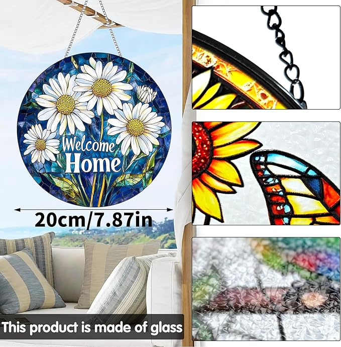 VAIIEYO Welcome Home Stained Glass Window Hanging Ornament, Handmade Sun Catcher Chrysanthemum Decoration with Hooks for Window Garden Home, Mother's Day & Birthday Housewarming Gift (7.8 inch)