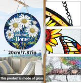 VAIIEYO Welcome Home Stained Glass Window Hanging Ornament, Handmade Sun Catcher Chrysanthemum Decoration with Hooks for Window Garden Home, Mother's Day & Birthday Housewarming Gift (7.8 inch)