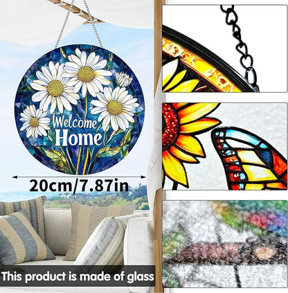 VAIIEYO Welcome Home Stained Glass Window Hanging Ornament, Handmade Sun Catcher Chrysanthemum Decoration with Hooks for Window Garden Home, Mother's Day & Birthday Housewarming Gift (7.8 inch)