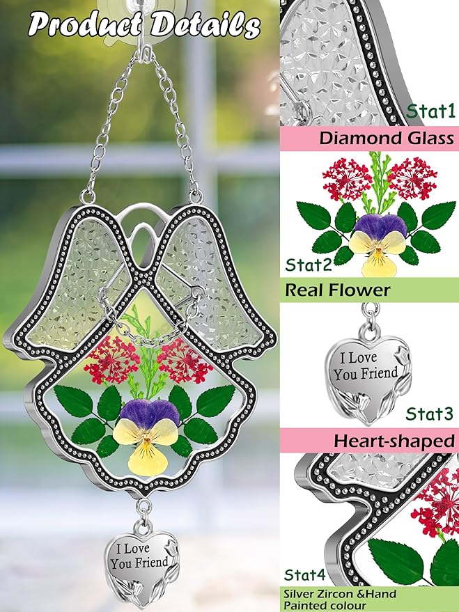 KY&BOSAM Angel Suncatcher I Love You Frined Stained Glass Panels for Windows Hangings Wind Chime with Pressed Flower Glass with Metal Charm Birthday Gift for Women Friend Mothers Day Christmas Décor
