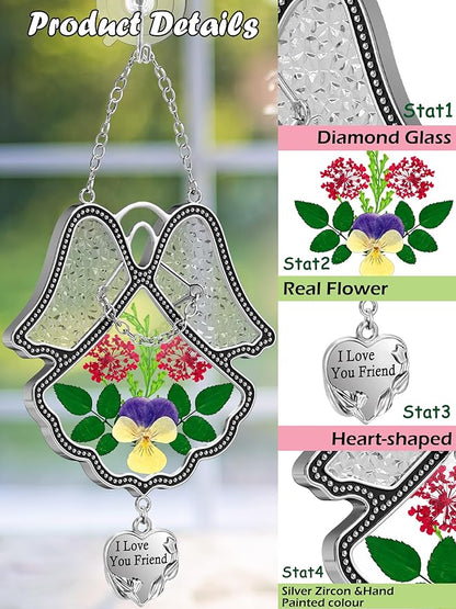 KY&BOSAM Angel Suncatcher I Love You Frined Stained Glass Panels for Windows Hangings Wind Chime with Pressed Flower Glass with Metal Charm Birthday Gift for Women Friend Mothers Day Christmas Décor