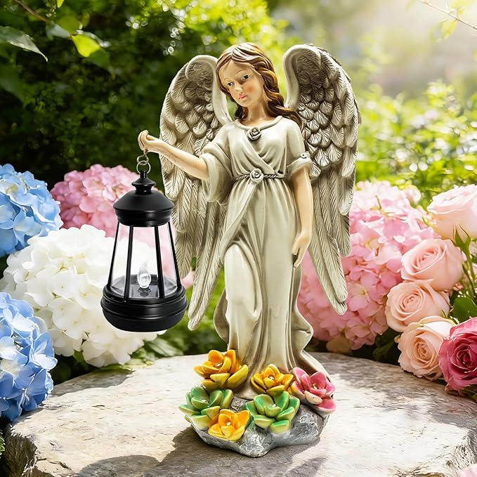 Solar Garden Statue Angel Figurine - Fairy Garden Angel Decor with Hanging Solar Lanterns and Succulent LED Lights for Balcony Patio Lawn Yard Ornaments, Mothers Day Gifts for Women Mom Grandma