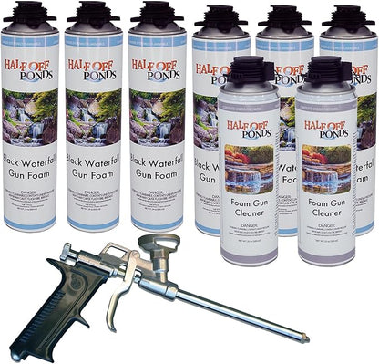 Half Off Ponds Professional Waterfall Foam Bundle – (6) 24oz Expanding Foam Cans, (2) 20oz Foam Gun Cleaners & Stainless Steel Foam Gun – Pond Foam Sealant Kit for Waterfalls, Rock Gaps & Koi Ponds