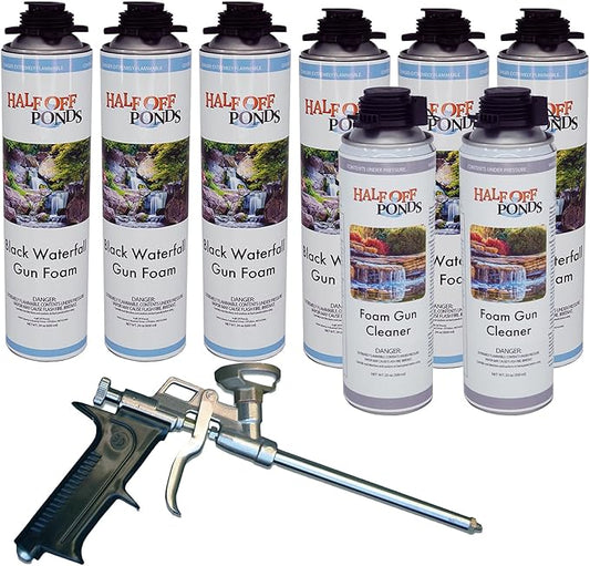 Half Off Ponds Professional Waterfall Foam Bundle – (6) 24oz Expanding Foam Cans, (2) 20oz Foam Gun Cleaners & Stainless Steel Foam Gun – Pond Foam Sealant Kit for Waterfalls, Rock Gaps & Koi Ponds