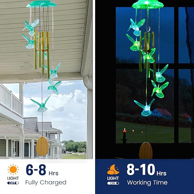 Outdoor Solar Wind Chime Decoration, Mother's Day Birthday Gifts for Grandma, Mom and Family, Outdoor Garden and Courtyard Wind Chime Accessories (Green Hummingbird)