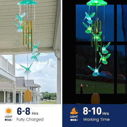 Outdoor Solar Wind Chime Decoration, Mother's Day Birthday Gifts for Grandma, Mom and Family, Outdoor Garden and Courtyard Wind Chime Accessories (Green Hummingbird)