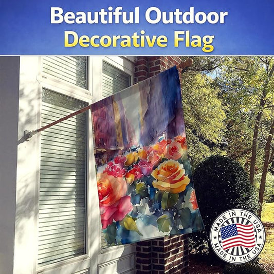 Caroline's Treasures New York Roses in Watercolor House Flag Large Porch Sleeve Pole Decorative Outside Yard Banner Artwork Wall Hanging, Polyester, House Size, Multicolor