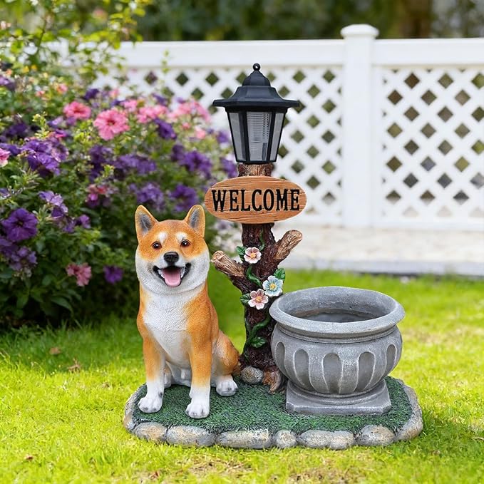 Solar Garden Statue with Planter & Lantern, Outdoor Resin Animal Sculpture, Waterproof Yard Lawn Decor Pot for Succulents, Front Porch Ornament Housewarming Gift (Shiba)