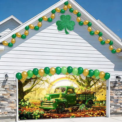 St Patricks Day Garage Door Banner 157.5x70.9in Large Garage Door Cover Outdoor Decorations Green Truck Shamrock Holiday Backdrop with 8 Grommets & 393.7in Rope