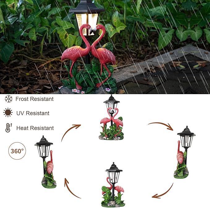 Garden Flamingo Outdoor Statue with Solar Lantern Unique Double Head Flamingo Gifts for Women,Mom,Lover Outdoor Figurine for Yard, Patio, Balcony