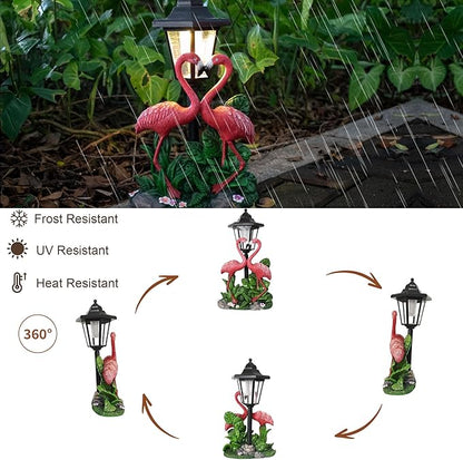 Garden Flamingo Outdoor Statue with Solar Lantern Unique Double Head Flamingo Gifts for Women,Mom,Lover Outdoor Figurine for Yard, Patio, Balcony