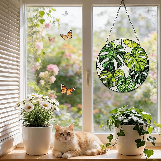 Stained Glass Window Hanging, 8 Inch Monstera Plant Suncatcher, Sun Catchers Indoor Window, Tropical Leaf Suncatchers for Windows Hanging, Spring Home Garden Decor Panel Plant Lover Gift for Women Mom