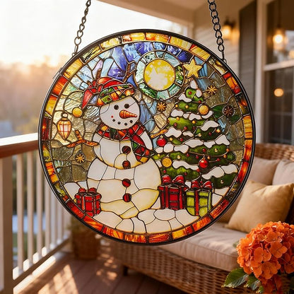 Sun Catcher Stain Glass,Christmas Snowman Suncatcher Stained Glass Decor for Window Hanging, Gardening Gifts for Women with 6.3 Inch