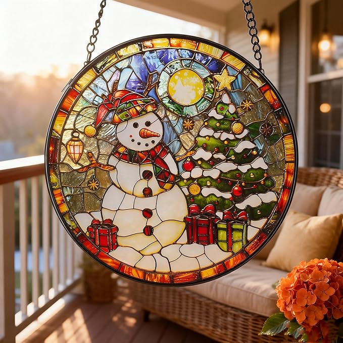 Sun Catcher Stain Glass,Christmas Snowman Suncatcher Stained Glass Decor for Window Hanging, Gardening Gifts for Women with 6.3 Inch