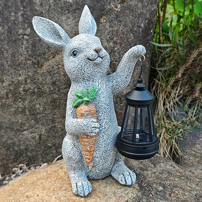 Garden Statues Rabbit Solar Lantern Outdoor Handmade Resin Statue Bunny with Cute Carrot for Patio, Yard, Mother's Day Gift Ideas