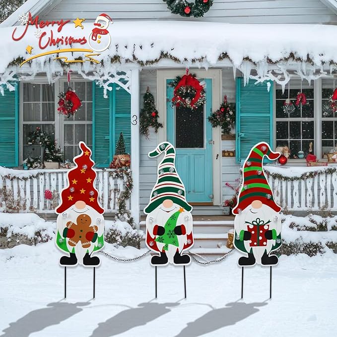 WONDER GARDEN 3 PCS Christmas Gnomes Yard Signs Christmas Decorations Outdoor, Metal Xmas Yard Stakes Gnomes Lawn Decor, Xmas Garden Stakes with Led Lights for Patio Pathway Outside Decorations