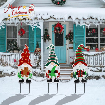 WONDER GARDEN 3 PCS Christmas Gnomes Yard Signs Christmas Decorations Outdoor, Metal Xmas Yard Stakes Gnomes Lawn Decor, Xmas Garden Stakes with Led Lights for Patio Pathway Outside Decorations