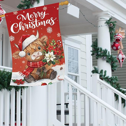 Heyfibro Merry Christmas Highland Cow Garden Flag 28x40 Inch Double Sided Burlap, Winter Snowflake Yard Flags for Holiday Xmas Seasonal Outdoor Decoration(ONLY FLAG)