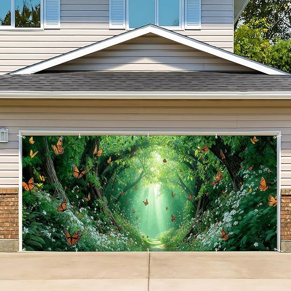 16x7 ft Enchanted Forest Banner for Two Car Garage - Fits Double Garage Door, Magical Sunlight Forest Path with Butterflies Large Backdrop, Garden Yard Sign & Meditation Space
